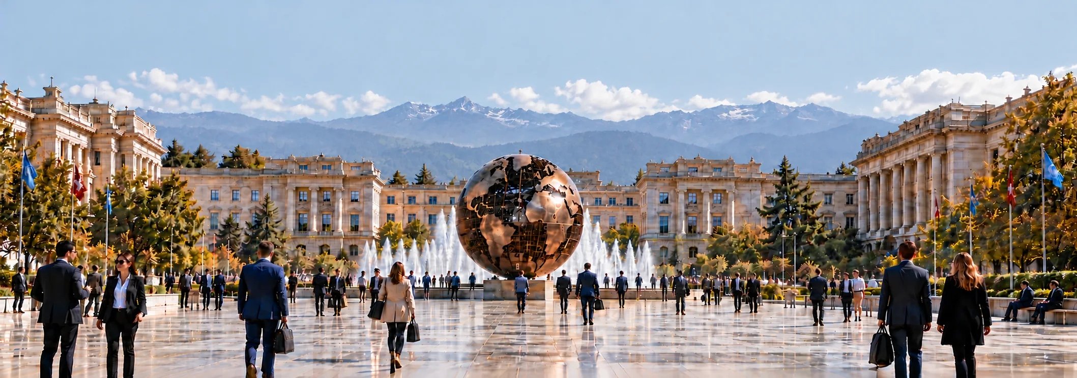 People seen from behind walking towards the globe and fountains in an institutional plaza, with Alpine mountains beyond