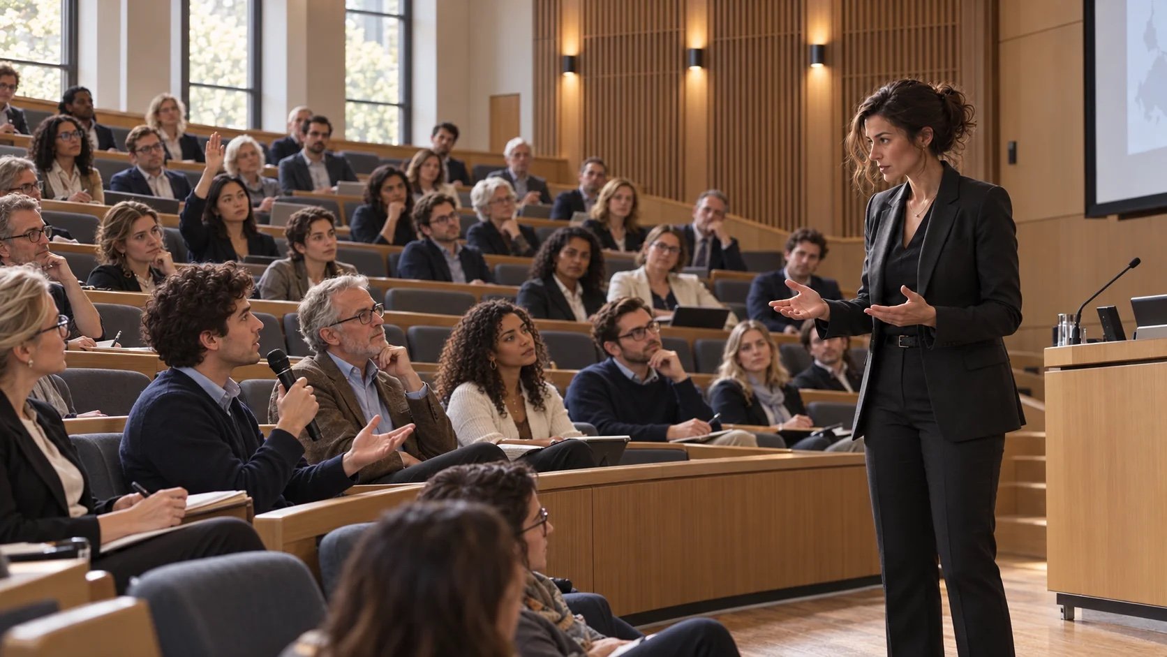 A lecturer discussing evidence with younger and mature participants in an auditorium