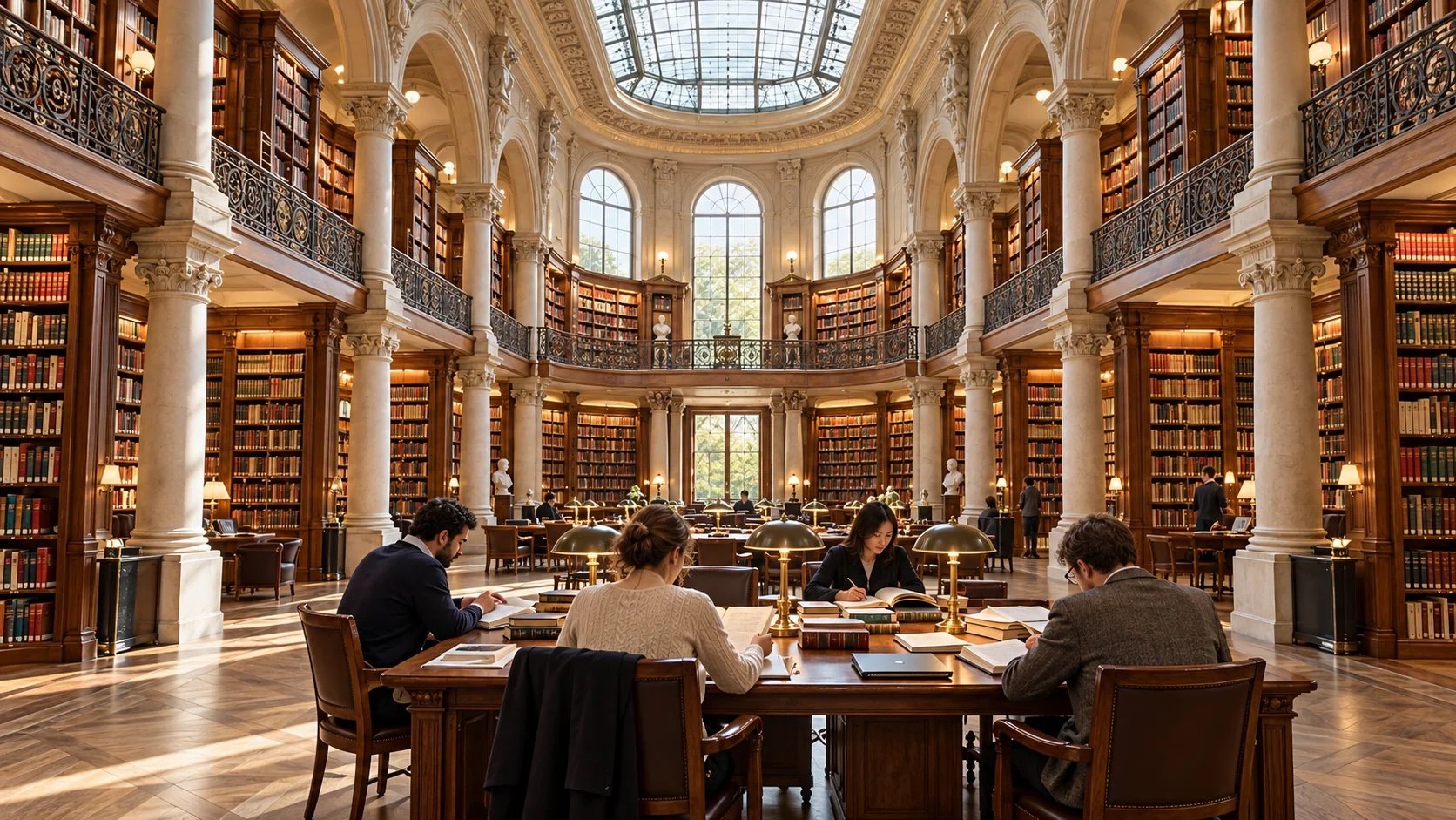 People reading and examining documents at a shared desk in an ornate library