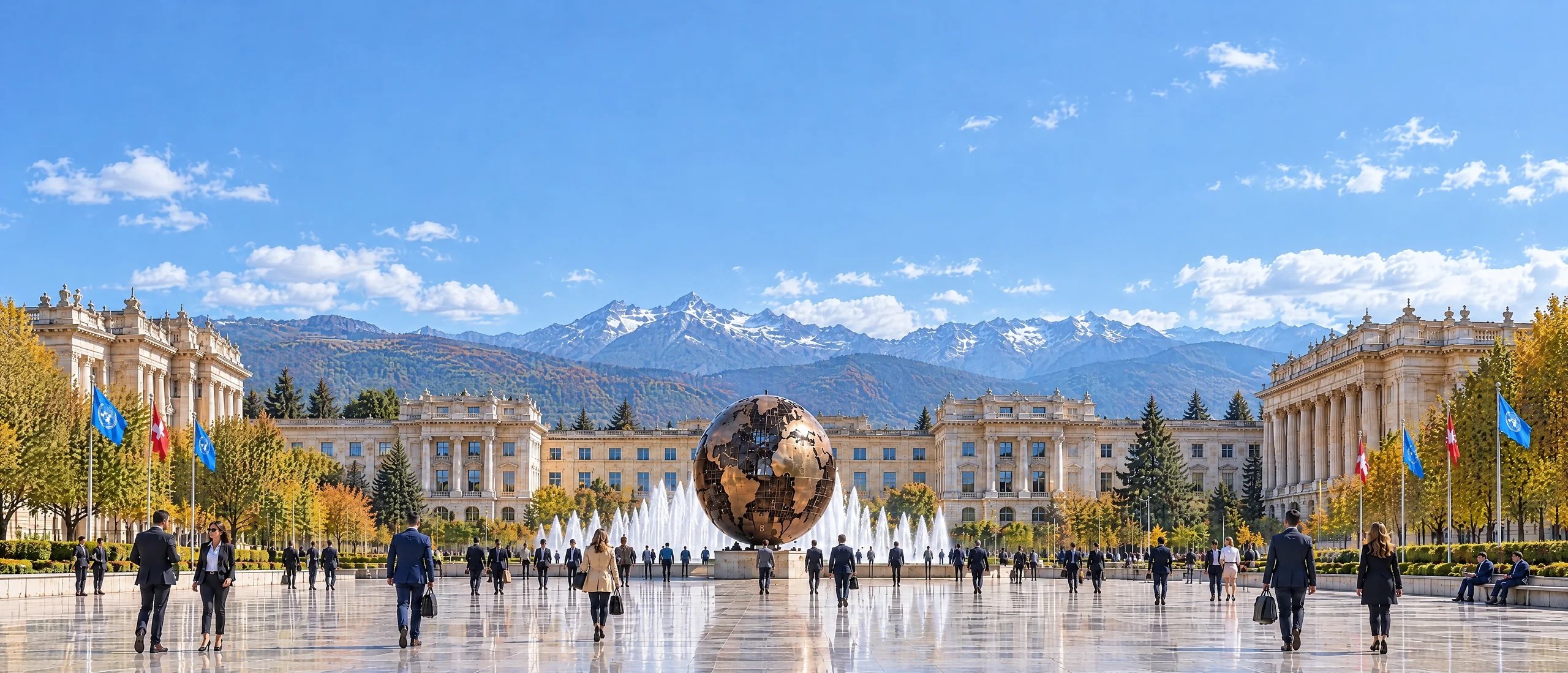 People seen from behind walking towards the globe and fountains in an institutional plaza, with Alpine mountains beyond